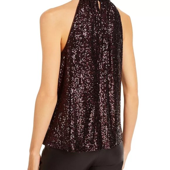 Parker Dallas Sleeveless Twist Halter Lined Burgundy Sequined Top Large - Picture 6 of 9